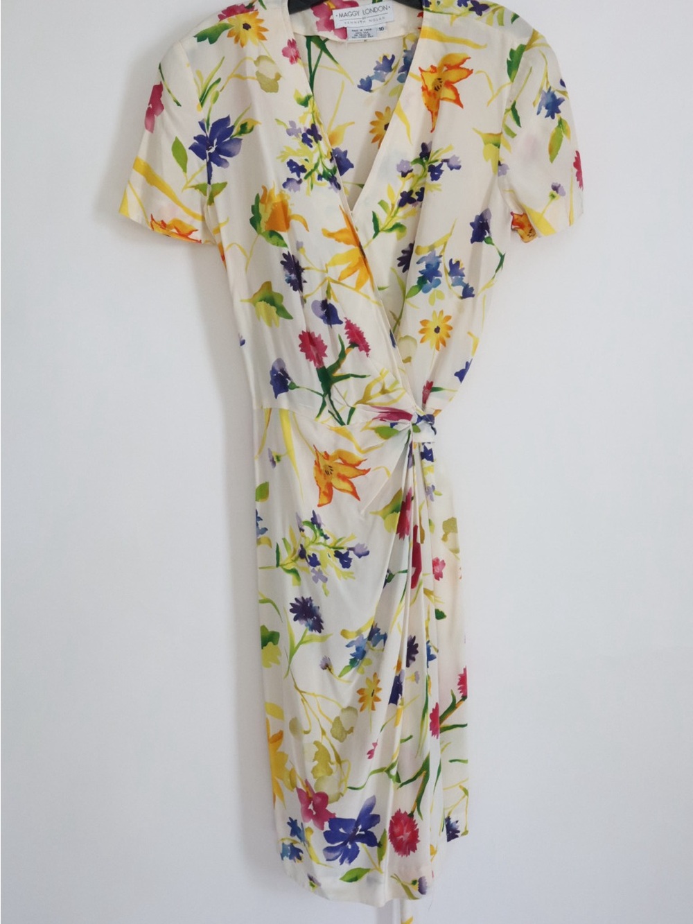 100% Silk Maggy London White Floral Wrap Dress with Multicolor Blooms
